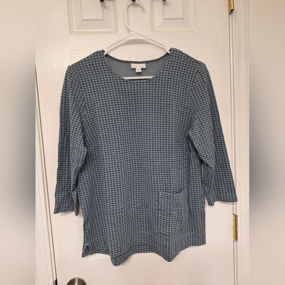 J Jill Wedgewood‎ Blue Houndstooth Print Ponte Knit Top Size Medium Pocket
